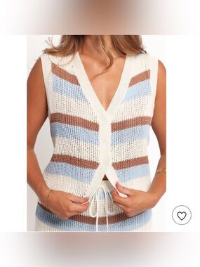 Petal & Pup Talia Cream Striped V-Neck Button Sweater Vest with Blue & Brown